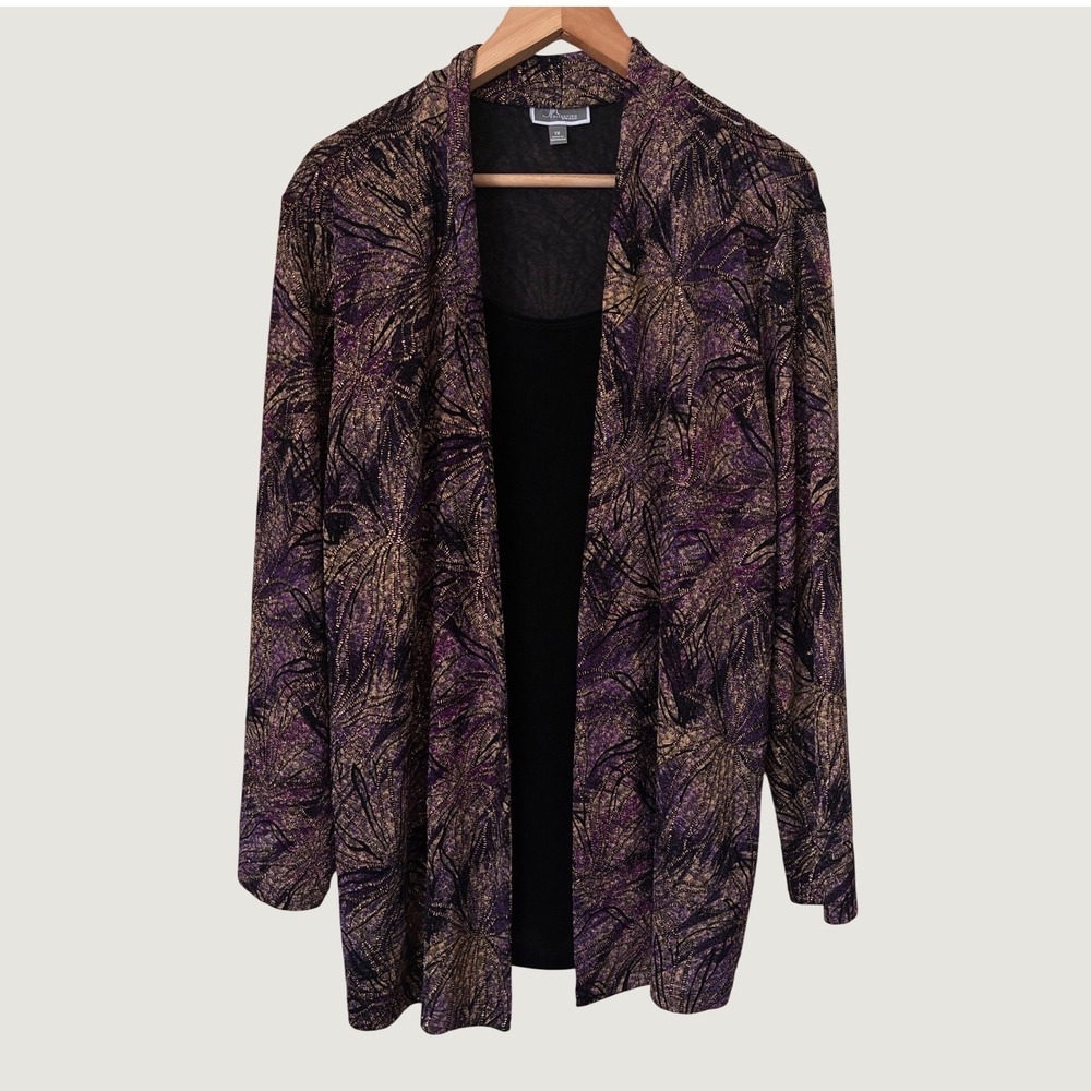 JM Collection Woman Purple Gold Metallic Cardigan Tank Top 2 Piece Set 1X Plus